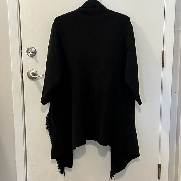 GILI Long Sleeve Open Front Black Draped Oversized Cardigan Fringed Poncho SzM-L - Picture 4 of 12